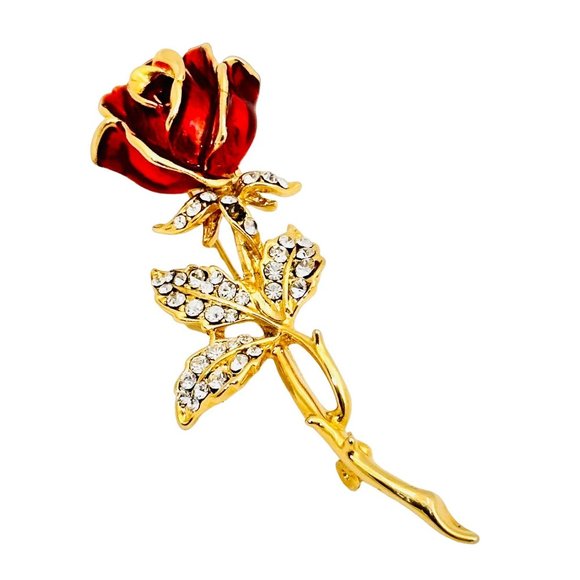 Single Enameled Rose Brooch w/Rhinestones - Picture 3 of 7